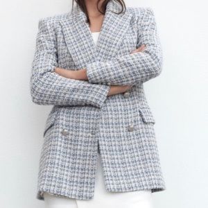 Zara Double Breasted Light Blue and White Tweed Knit Blazer